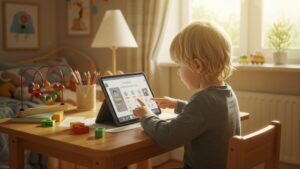 Virtual AI tutor on a tablet helping a child with math problems, cozy home learning environment, natural daylight by pixlelo.com Variation 12